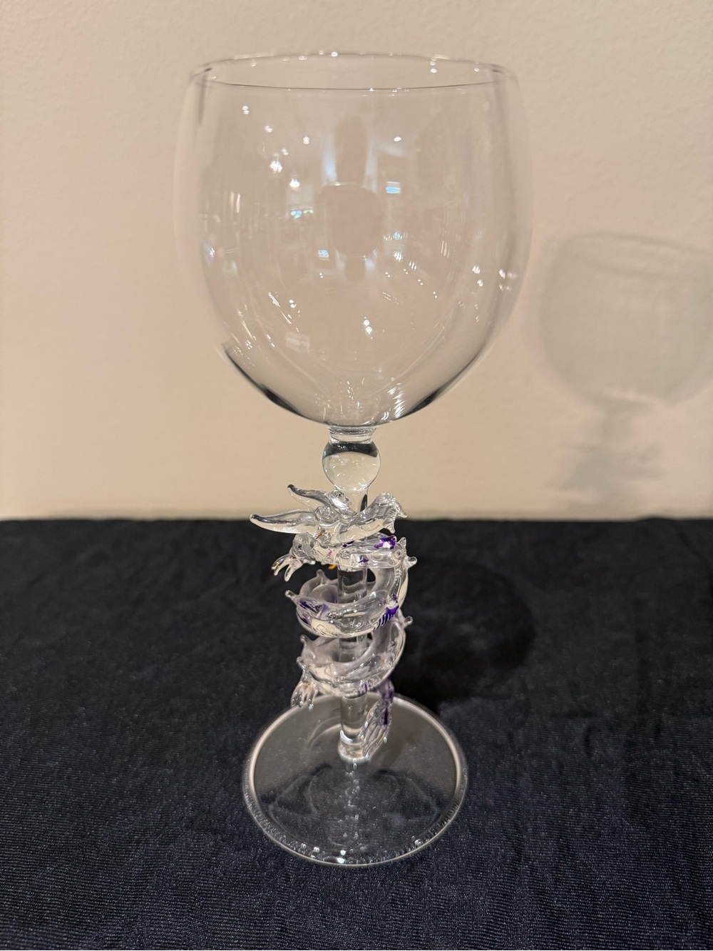 Vintage Hand Blown Art Glass Dragon Stem Wine Goblet - Clear & Purple Accents